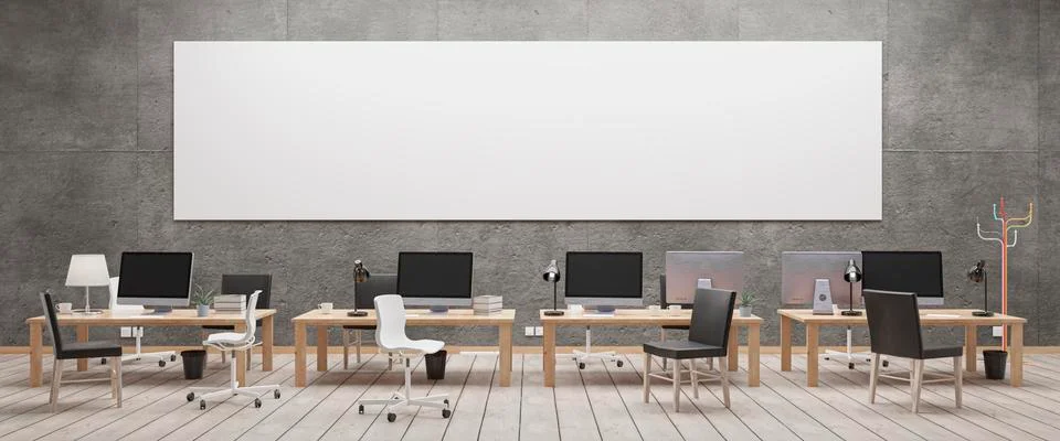 Modern office with computers mockup. Black screen. 3d illustration Stock Illustration