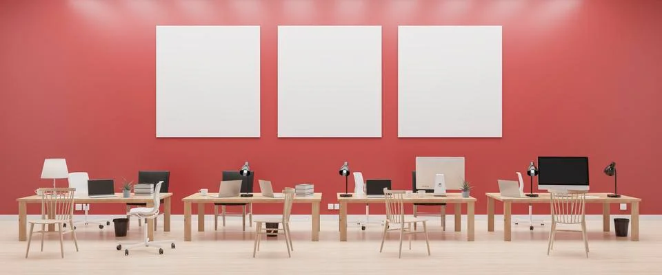 Modern office with computers mockup. Black screen. 3d illustration Stock Illustration