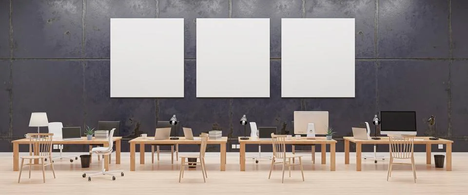 Modern office with computers mockup. Black screen. 3d illustration Stock Illustration
