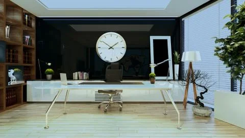Modern office concept with table, watch, floor, bookshelf and table lamp, boo Stock Illustration