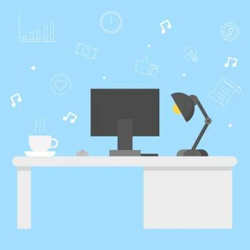 Modern Office desk with computer, coffee and lamp with background of business Stock Illustration