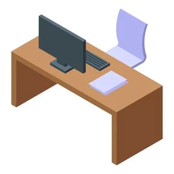 Modern office desk with computer, keyboard, documents and chair Illustrazione stock