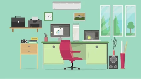 Modern office desk with computer, laptop, printer, and camera Stock Footage 320782878