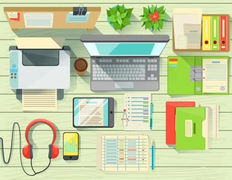 Modern Office Desk Elements Set View From Above Illustrazione stock