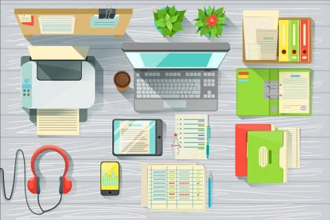 Modern Office Desk Elements Set View From Above Illustrazione stock