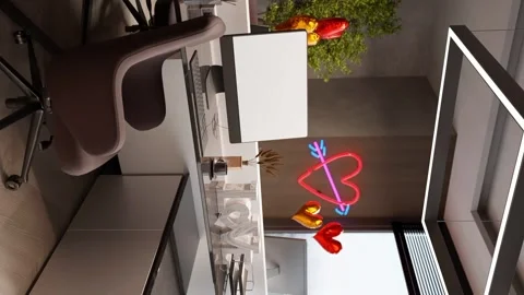 Modern office desk setup with blank computer screen and Valentine's Day Stock Footage 296265976
