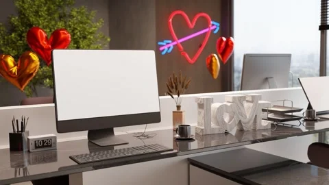 A Modern office desk setup with blank computer screen and Valentine's Day Stock Footage 296311657