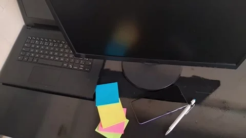 Modern office desk workspace setup with laptop and phone motion animation Stock Footage 340038093