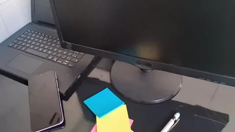 Modern office desk workspace setup with black computer animation footage Stock Footage 340038095