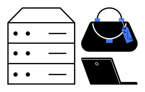 Modern office essentials including server, laptop, and a black handbag with.. Stock Illustration