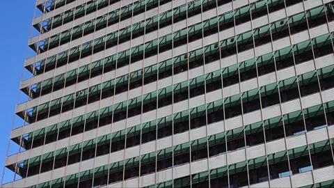 Modern office facade with purple frames and industrial metal grid. Stock Footage 331582422