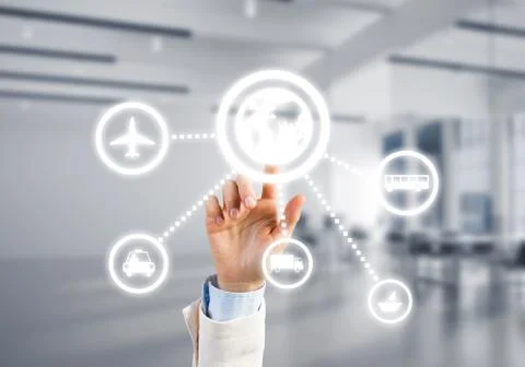 Modern office interior and close of businesswoman hand choosing symbol on Stock Photos