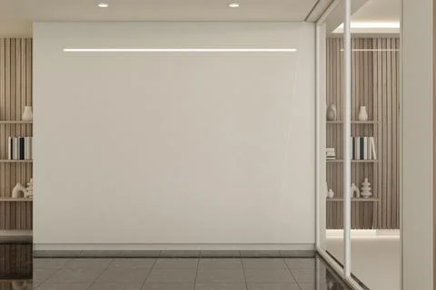 Modern Office Interior with Blank Feature Wall and Shelving Behind Glass Door Stock Illustration
