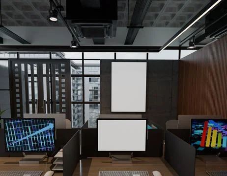 Modern office interior with blank posters and computer screens Иллюстрация