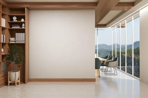Modern Office Interior with Blank Wall Mockup Wooden Bookshelf and Mountain.. Stock Illustration