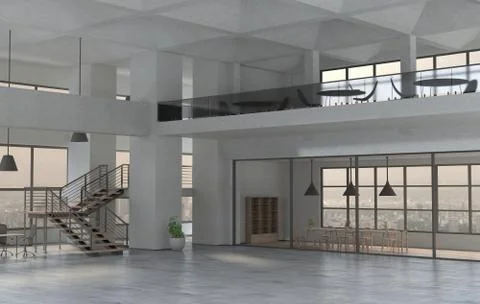 The modern office interior in a daytime. 3D render Stock Illustration