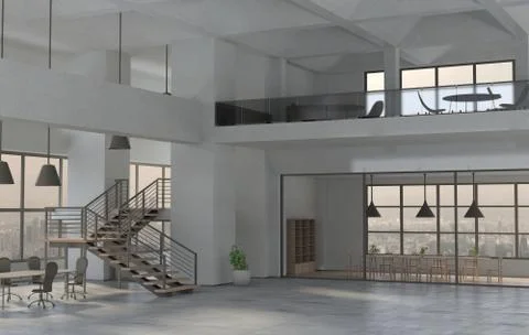 The modern office interior in a daytime. 3D render Stock Illustration