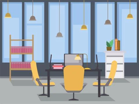 Modern office interior design flat illustration. Coworking open space Stock Illustration