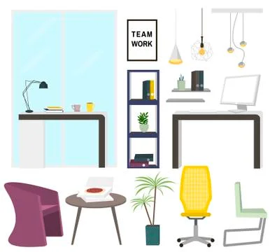Modern office interior elements. Office furniture collection. Create your s.. Illustrazione stock