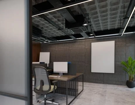 Modern office interior with exposed concrete walls and ceiling.  Empty whit.. Stock Illustration