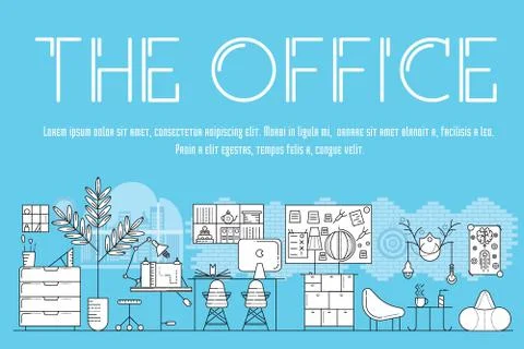Modern office interior landscape concept. Thin line icons with flat background Stock Illustration
