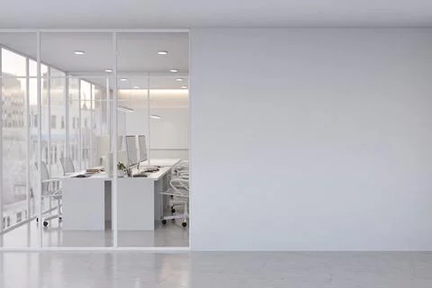 Modern Office Interior with Large Blank Wall Mockup and Glass Workspace Stock Illustration