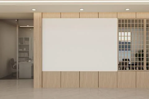 Modern Office Interior with Large Blank Frame Canvas Mockup on Wooden Wall Stock Illustration