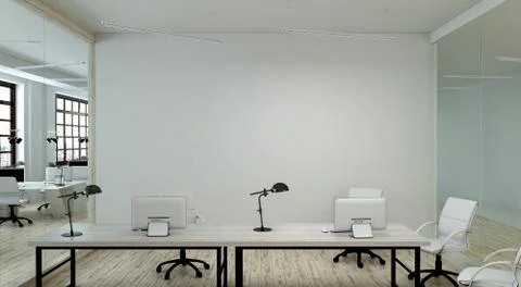 Modern office interior with large windows and a row of light wood tables. 3d Stock Illustration