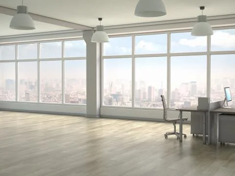 Modern office interior with panoramic windows. 3D render Stock Illustration
