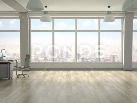Modern office interior with panoramic windows. 3D render Stock Photos