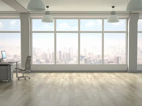 Modern office interior with panoramic windows. 3D render Stock Photos