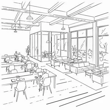 Modern office interior with people working, line art style illustration Sil.. Stock Illustration