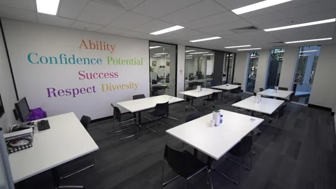 Modern office interior with positive thinking words, dolly forward view Stock Footage 155667808