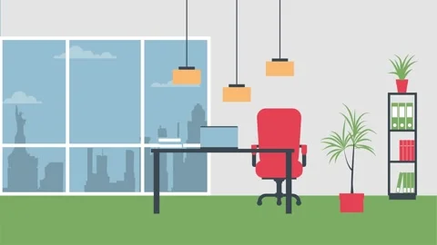 Modern Office Interior with Red Chair, Desk, and City Skyline in the Backgrou Video stock 341919995