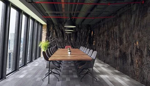 Modern office interior with rock feature Illustrazione stock