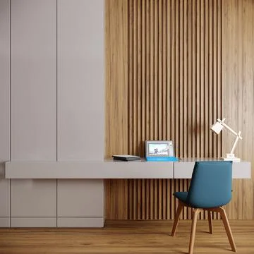 Modern office interior with table and blue chair, 3d render Stock Illustration