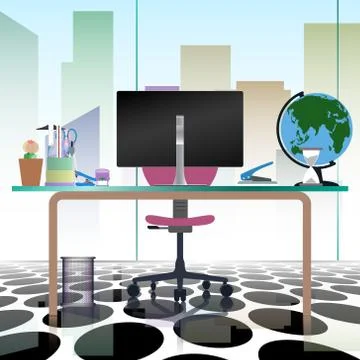 Modern office interior workplace empty chair desk in flat vector illustration Stock Illustration