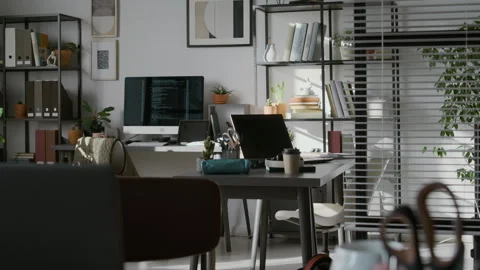 Modern Office of IT Company with Computers on Desks, Racks with Folders Stock Footage 299199537