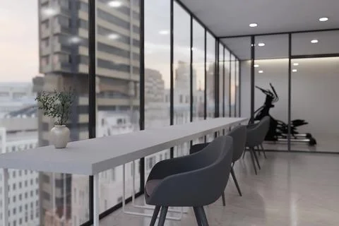 Modern Office Long Bar Table Workspace by Window with City Skyline View and G Stock-Illustration