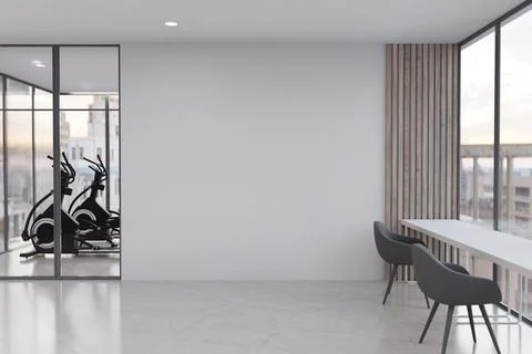 Modern Office Lounge with Blank Wall Mockup Bar Counter Table and Fitness Gym 스톡 일러스트