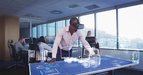 In modern office, man using VR headset interacting with virtual 3D model Foto stock