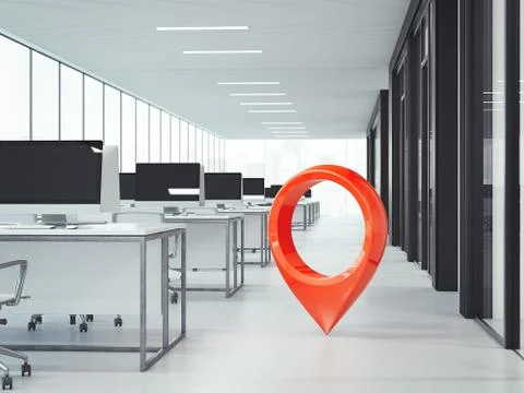 Modern office open space with large windows, 3d rendering Illustrazione stock