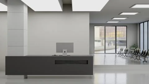 Modern office reception desk grey counter with computer and large windows, .. Stock Illustration
