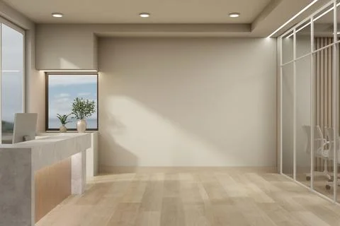 Modern Office Reception Lobby with Blank Wall Mockup and Glass Meeting Room Stock Illustration