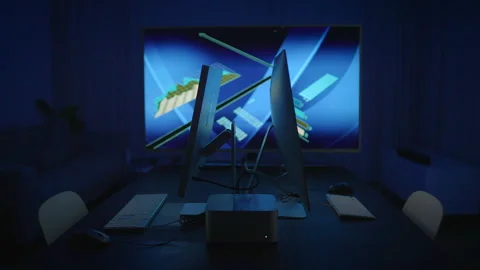 Modern Office Setup with Ambient Lighting, Stylish Furniture, and Digital Stock Footage 293648235