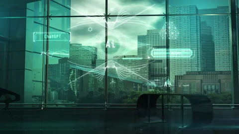 In the modern office space, artificial intelligence is being launched. 3D render Stock Footage 244804264