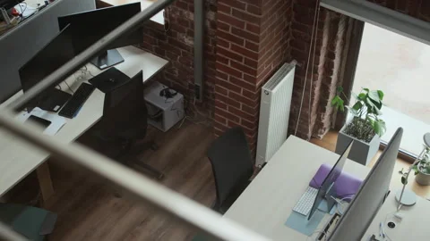Modern Office Space Interior with Computer Desks by Window Stock Footage 320002216