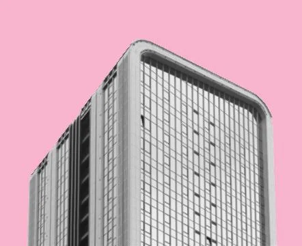 Modern office tower with rounded corner on pink background. Black and white 写真素材