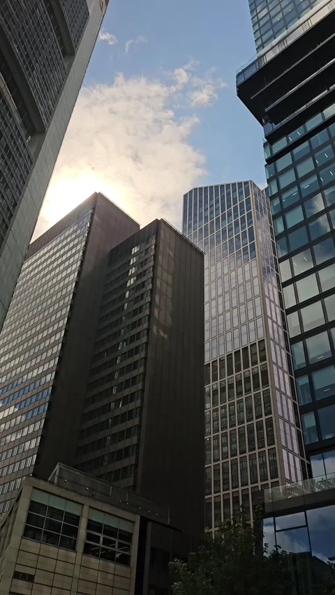 Modern Office Towers at Sunset Under Warm Evening Sky Stock Footage 344310097
