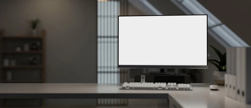 A modern office with a white-screen computer mockup and a keyboard on a tab.. Stock Illustration